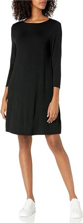 1X Essentials Women's Plus Size 3/4 Sleeve Boatneck Dress, Black