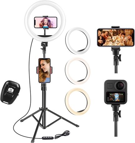 U PHITNIS 10" Selfie Ring Light with 63" Tripod Stand & Phone Holder Dimmable