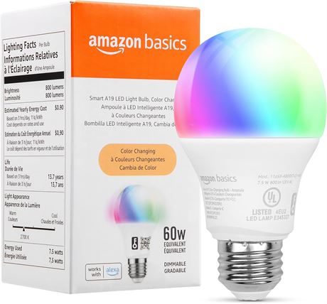 Amazon Basics Smart A19 LED Light Bulb, Color Changing, 2.4 GHz Wi-Fi, 60W