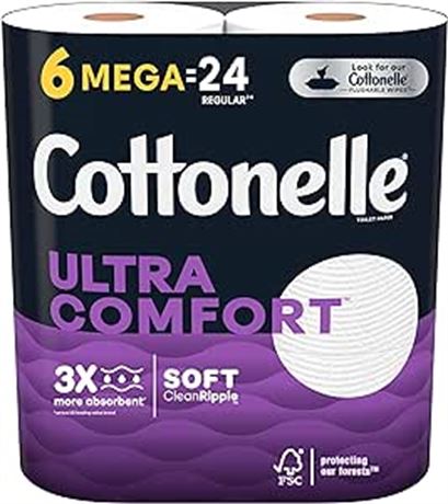 Cottonelle Ultra Comfort Toilet Paper, Strong Bath Tissue, 6 Mega Rolls