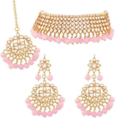 Aheli Indian Beaded Necklace Dangle Earrings Maang Tikka Indian Bollywood Style