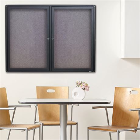 4x3ft Quartet Enclosed Fabric Bulletin Board, 2 Doors, Black Frame Gray Fabric