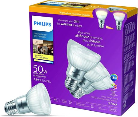 3-Pack Philips Led 50W PAR20 Glass Soft White WarmGlow Lightbulbs (2700K-2200)