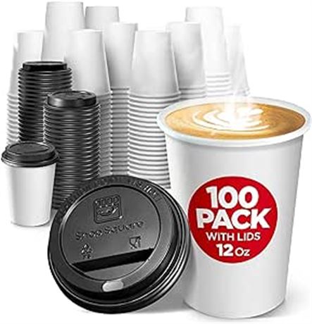 Disposable Coffee Cups with Lids 12 oz (100 Pack)