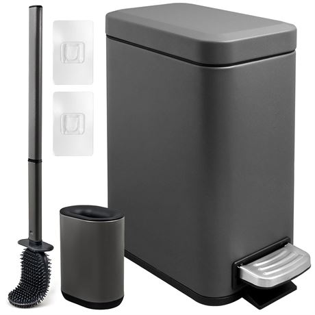 Slim Trash Can and Toilet Brush Combo, Stainless Steel Garbage Can, 1.3 Gallon