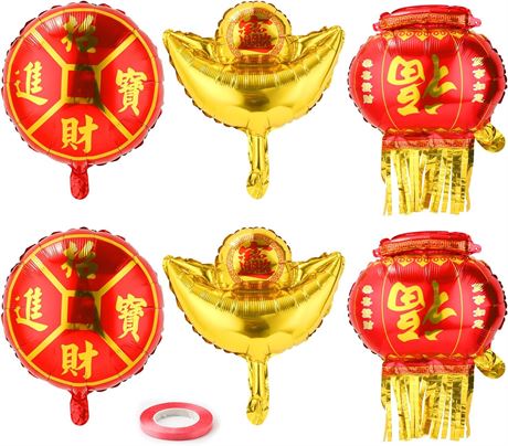 6pcs Chinese New Year Balloons, 3 Designs New Years Decoration & Ribbon Spring