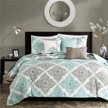 Full/Queen, Madison Park Claire 6 Piece Quilted Coverlet Set,  Aqua(MP13-1420)