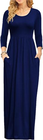 MED - WNEEDU Women's 3/4 Sleeve Loose Casual Long Maxi Dresses with Pockets