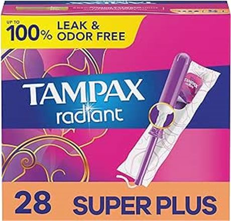 28 Tampax Radiant Tampons with LeakGuard Braid, Super Plus Absorbency, Unscented
