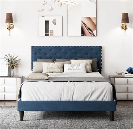 KING  Velvet Bed with Adjustable Upholstered Headboard Blue
