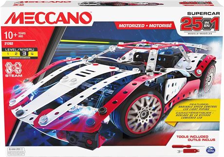 Meccano, 25-in-1 Motorized Supercar STEM Model Building Kit with 347 Parts