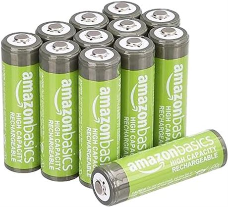 Amazon Basics 12-Pack AA Rechargeable Batteries, High-Capacity 2,400 mAh Battery