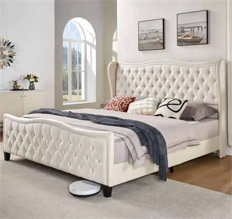 QUEEN-Ingveldur Wavy Upholstered Bed with Deep Button Headboard and Footboard
