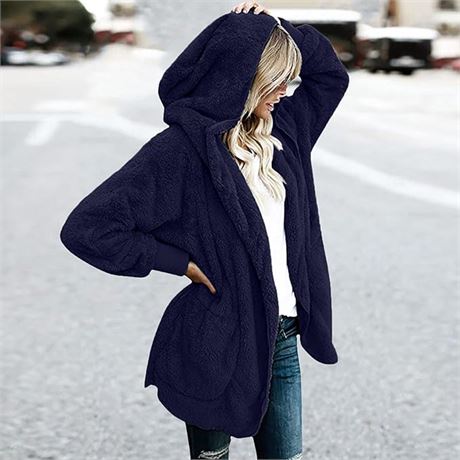 MED - YACUN Women Fuzzy Fleece Hooded Cardigan Open Front Jacket Sherpa Coat Out