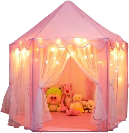 ORIAN Princess Castle Playhouse Tent for Girls with LED Star Lights,Pink 55"x53"