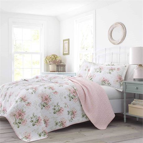 King Laura Ashley Home Honeysuckle Quilt Set, Pastel Pink