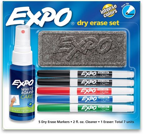 Expo Low Odour Dry Erase Marker Set with White Board Eraser and Cleaner