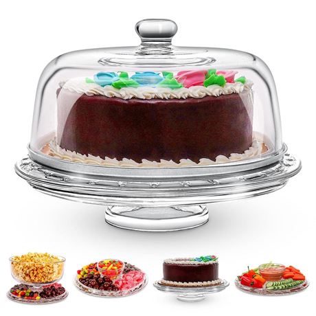 Homeries Glass Cake Stand With Dome Cover (6 In 1)Cake Holder, Salad Bowl, Plat