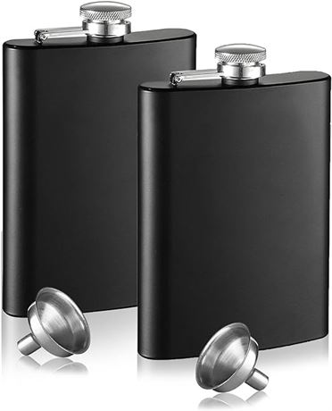 Black Portable 8 oz Hip Flask for Men and Women, 2 Pack Stainless Steel Flask