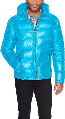 MED Guess Men's Mid-weight Puffer Jacket With Removable Hood, Sky Blue