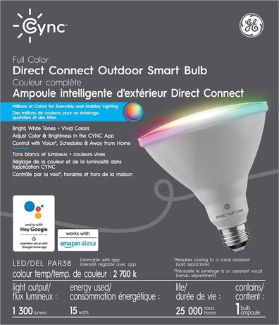 GE CYNC Outdoor Smart Bulb PAR38 Full Color 90W Replacement, Bluetooth/Wi-Fi