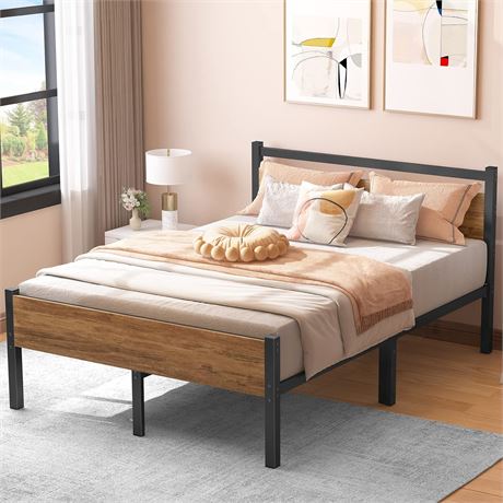 Musen Full Wood Bed Frame with Headboard 12.4 Inch Metal Platform Bed Frame