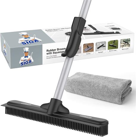 MR.SIGA Pet Hair Removal Rubber Broom with Built in Squeegee, 3 in 1 Floor Brush