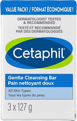 Cetaphil Gentle Cleansing Bar (3-Pack), 127g - Hydrating Foaming Face and Body