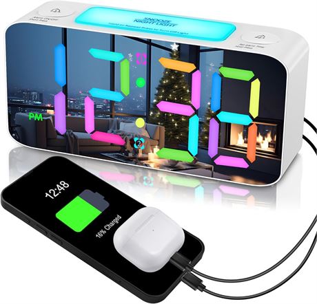 RGB Digital Mirror Alarm Clock, 15 Dynamic Color Modes & 7" Large LED Display