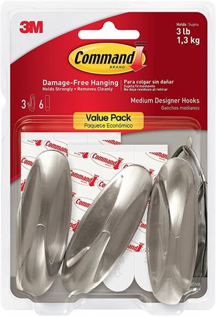 Command Medium Designer Hooks, Brushed Nickel, 3-Hooks, 6-Strips