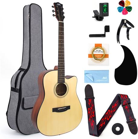 AKLOT 4/4 Acoustic Guitar Full Size 41'' Spruce Cutaway Guitar Bundle for Adults