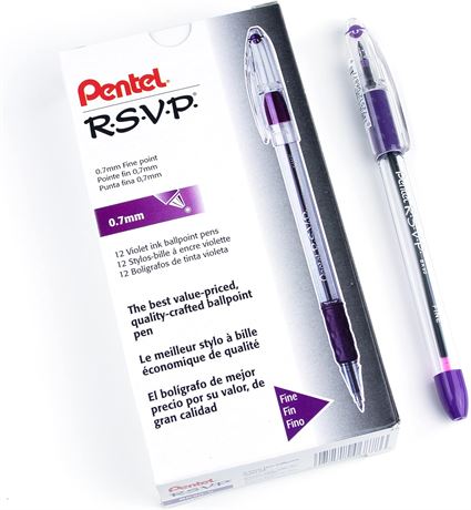 Pentel BK90-V RSVP Ballpoint Pen, 0.7mm Fine Point, Violet Ink, Box of 12