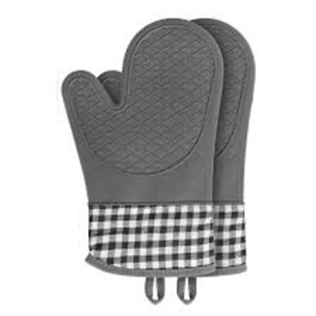 Oven Mittens, Heat Resistant Mittens, Potholders, Non-Slip Silicone, Grey/Gingha