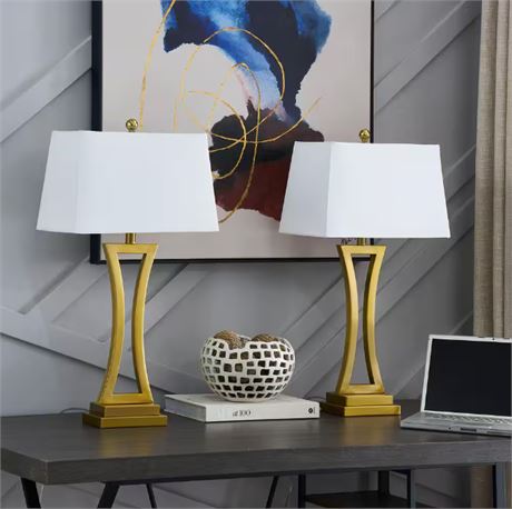 Cincinati 30.75 in. Brass Table Lamp Set With White Shade (2-Pack）
