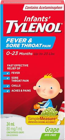 24ml TYLENOL Infants Fever and Sore Throat Pain Medicine Oral suspension drops
