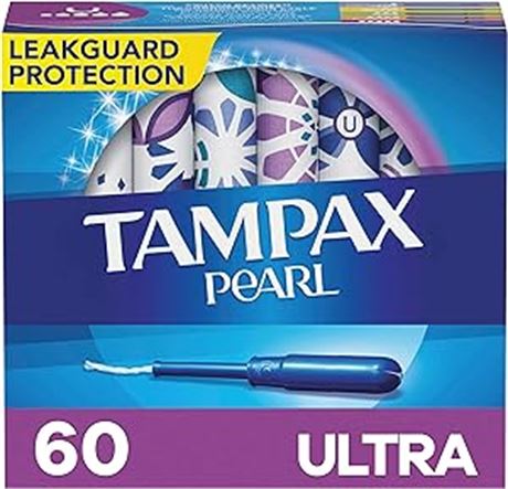 Tampax Pearl Tampons, with LeakGuard Braid, Ultra Absorbency, Unscented, 60 Ct