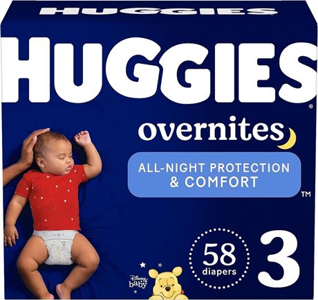 Size 3, Giga, 58 Ct, Huggies Overnites Nighttime Baby Diapers