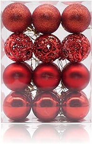 (Red, 2.36‘’/24ct) AMS Christmas Ball Pierced Trees Pendant Shatterproof Ball