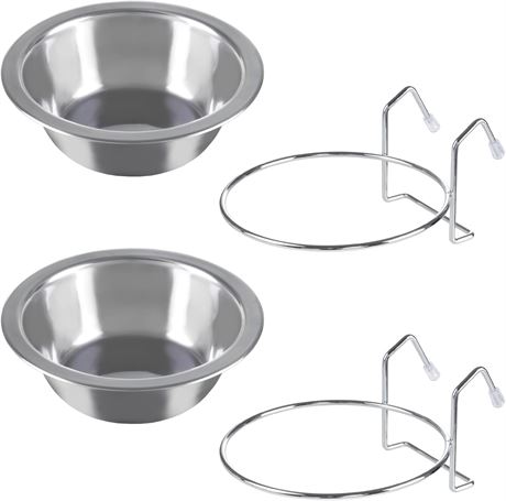 Set of 2 Stainless-Steel Dog Bowls - Cage, Kennel, and Crate Hanging Pet Bowls