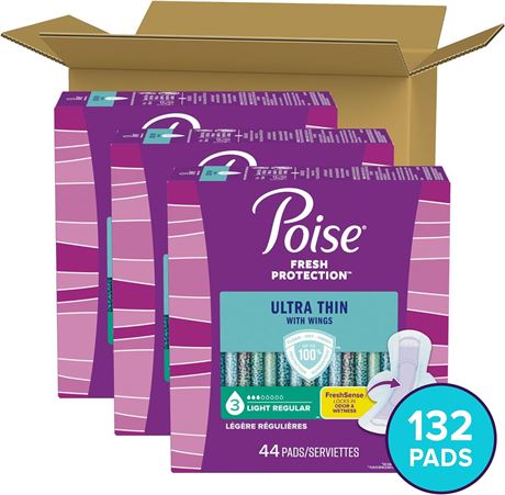 Poise Ultra Thin Postpartum Incontinence Pads with Wings, Light Absorbency