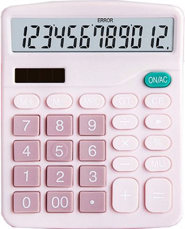 DEXIN Pink Office Desk Calculator, 12-bit Solar Battery Dual Power Standard Pink