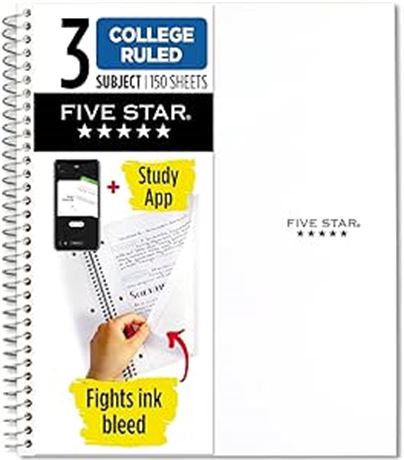 11 x 8.5" Five Star Wirebound Notebook, 3-Subject, 150 College-Ruled Sheets