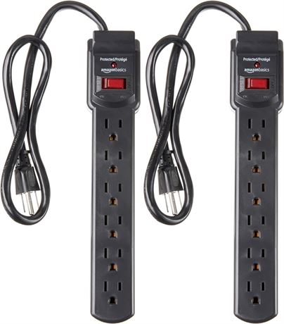 Basics 6-Outlet Surge Protector Power Strip 2-Pack, 2-Foot Long Cord, 200 Joule