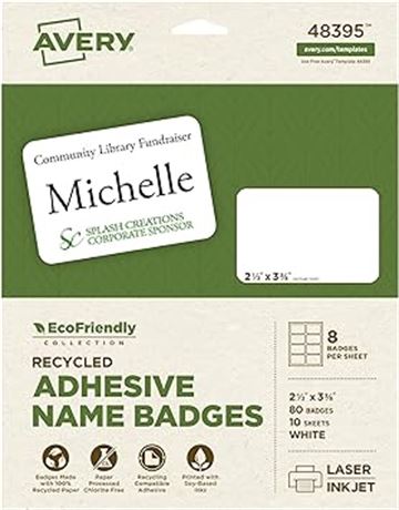 Avery EcoFriendly Name Badge Labels for Laser and Ink Jet Printers, 2.333 x 3.37