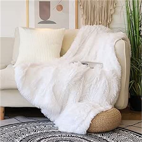 50x60" Throw Blanket for Couch, White Fluffy Blanket for Bed