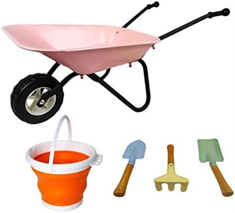 Kid's Wheelbarrow Toy, Gardening Metal Small Wheel Barrow Wagon Set