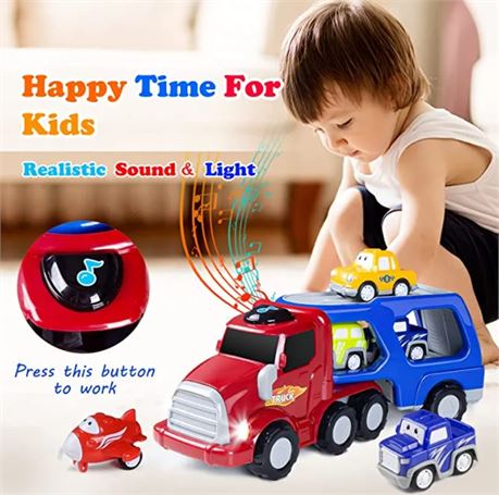 Double Decker Carrier Truck – 4 Friction Toys – Light & Sound – Puzzle –