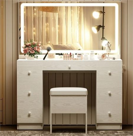 IRONCK Vanity Desk Set with LED Lighted Mirror & Power Outlet