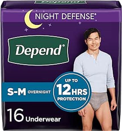 S/M, Grey, 16 Count Depend Night Defense Adult Incontinence Underwear for Men