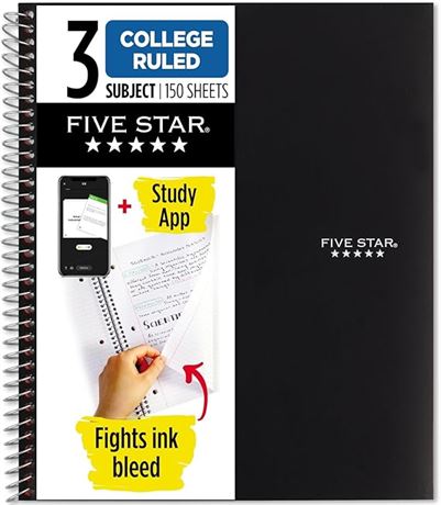11 x 8.5" Five Star Wirebound Notebook, 3-Subject, 150 College-Ruled Sheets